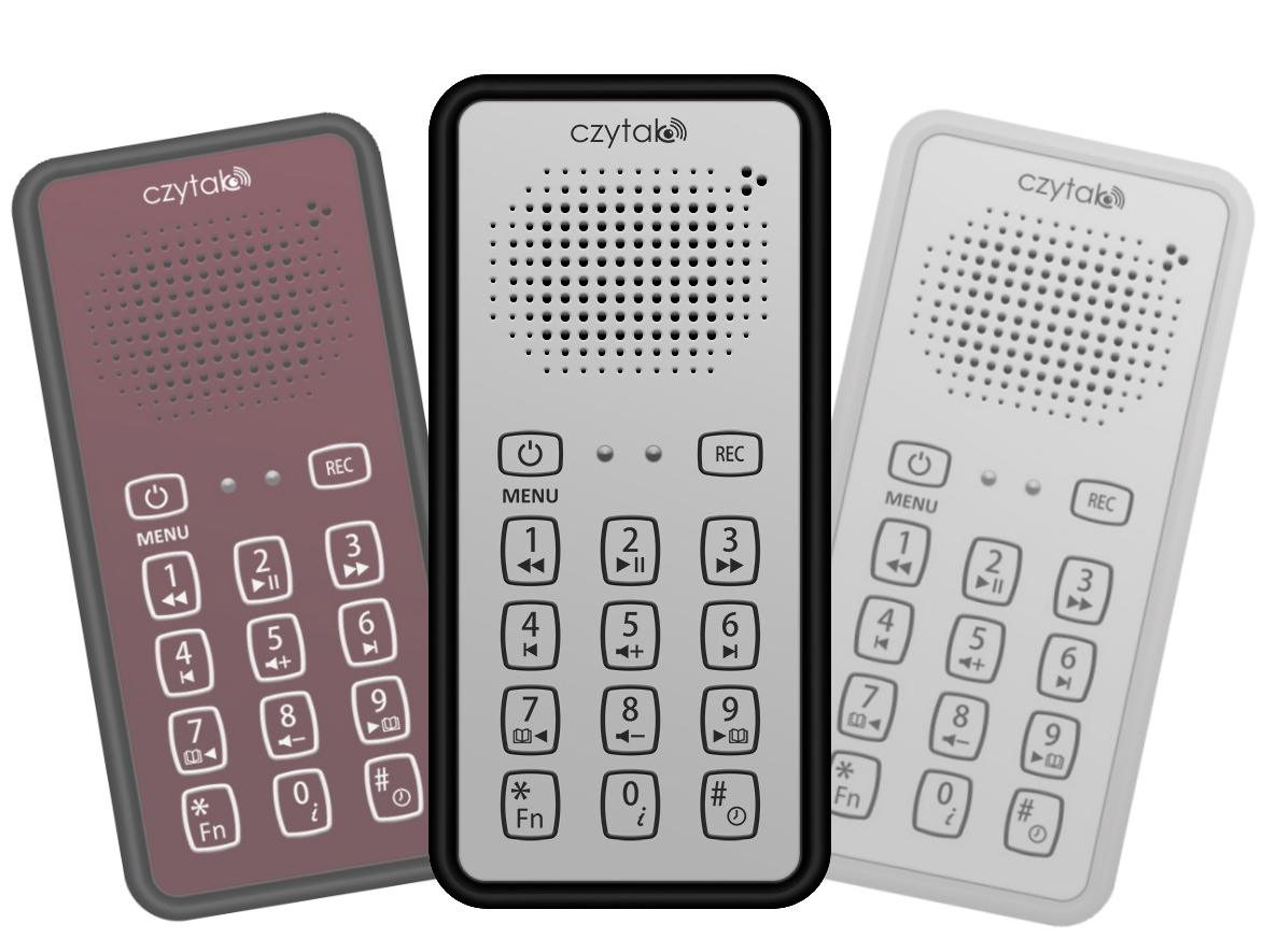 Trzy urządzenia z serii Czytak Plus: kolor bordowy, srebrny oraz srebrny z czarną krawędzią.