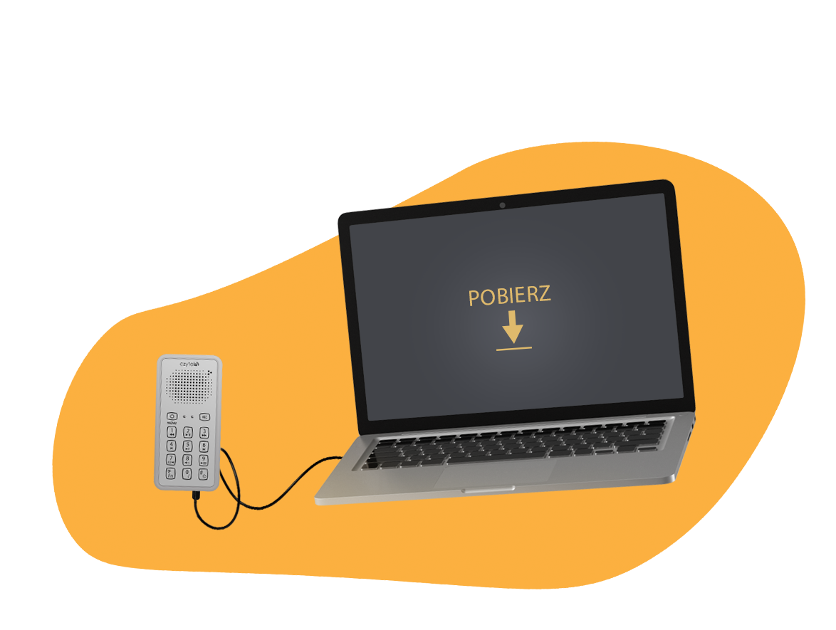 Na żółtym tle srebrno-czarny laptop połączony kablem ze srebrnym Czytakiem Plus, na ekranie laptopa napis: "Pobierz" ze strzałką skierowaną w dół.