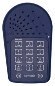 Czytak 4 - urządzenie w granatowej obudowie z białą klawiaturą z cyframi i piktogramami. Zdjęcie produktowe.