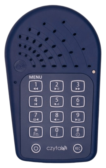 Czytak 4 - urządzenie w granatowej obudowie z białą klawiaturą z cyframi i piktogramami. Zdjęcie produktowe.
