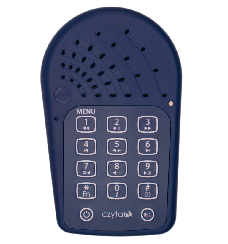 Czytak 4 - urządzenie w granatowej obudowie z białą klawiaturą z cyframi i piktogramami. Zdjęcie produktowe.