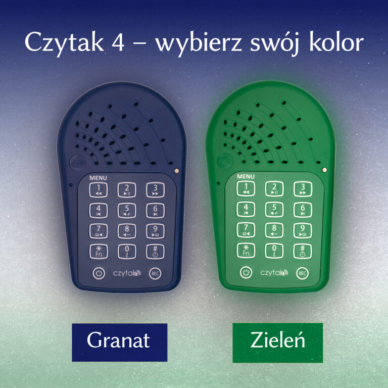 Dwa urządzenia Czytak 4 - granatowe i zielone - na niebiesko-zielonym tle. Na górze napis: Czytak 4 - wybierz swój kolor.
