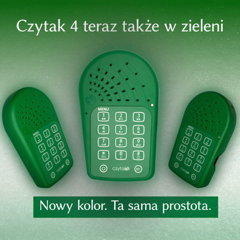 Trzy urządzenia Czytak 4 w nowej zielonej obudowie na tle w jasno-zielonym kolorze. Na górze napis: Czytak 4 teraz także w zieleni. Na dole napis: Nowy kolor. Ta sama prostota.